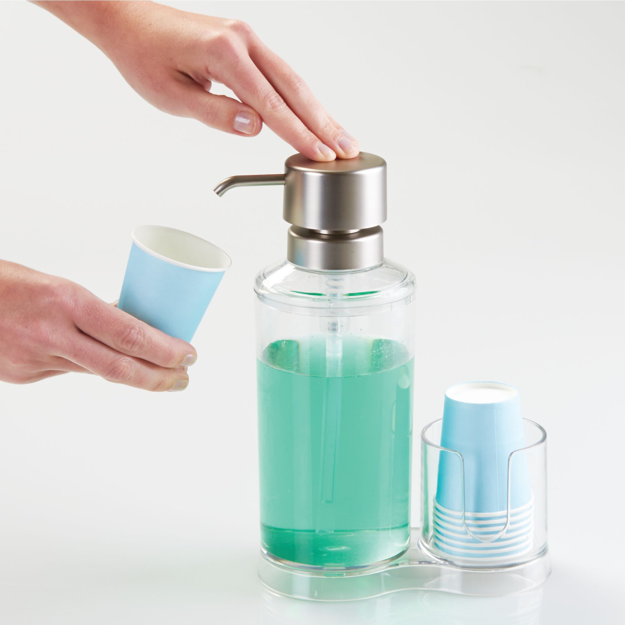 Patelai Dispensador de enjuague bucal para baño Dispensador de enjuague  bucal recargable de plástico con soporte para vasos de papel, botella de  bomba